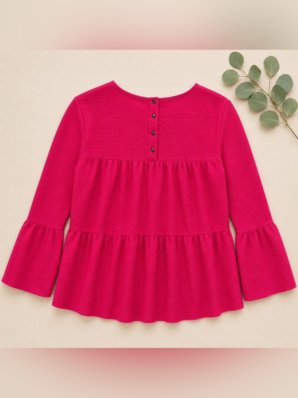 J. Crew Berry Pink Tiered Bell Sleeve Blouse | Textured Babydoll Top | Women’s - Picture 2 of 7